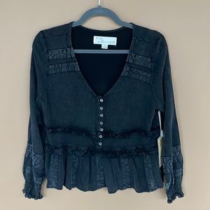 Vintage Havana Black Top V-Neck w/ Buttons Flowy NWT Size Small